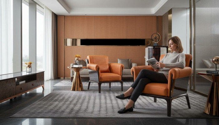 Fauteuil Oranje Leer Stoel Rug Modern Ontwerp Meubels Luxe Woonkamer Hout Nieuw