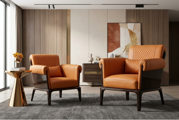 Fauteuil Oranje Leer Stoel Rug Modern Ontwerp Meubels Luxe Woonkamer Hout Nieuw