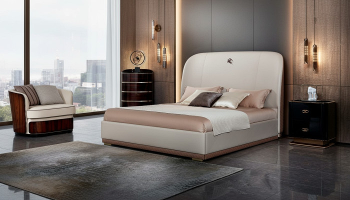 Bed Beige Leather Wood Bedroom Leather Bed Modern Design Furniture Luxury