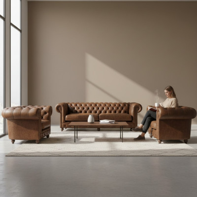 Bruin Chesterfield+2 fauteuils leren banken creatieve meubels nieuwe woonkamer sofa