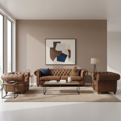 Bruin Chesterfield+2 fauteuils leren banken creatieve meubels nieuwe woonkamer sofa