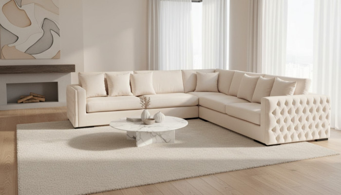 Hoekbank Beige Woonkamer Bankstel Hoekgarnituur Bekleding Fluweel Meubel Design Stof Nieuw