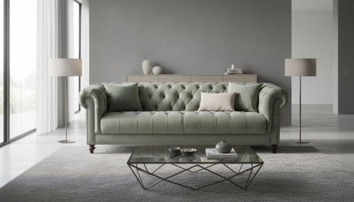 Salbeigroen driezits stoffen woonkamer design gestoffeerde bank banken Chesterfield