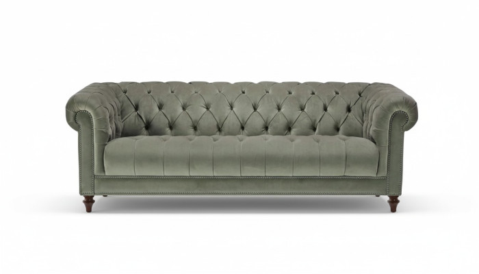 Salbeigroen driezits stoffen woonkamer design gestoffeerde bank banken Chesterfield
