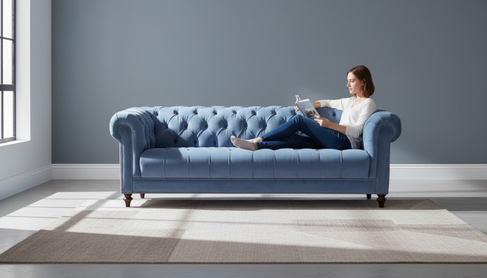 Hemelsblauwe driezits stoffen Chesterfield-design bankstellen gestoffeerde banken Origineel Nieuw
