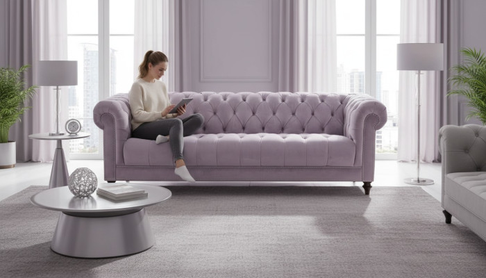 Paarse driezits stoffen Chesterfield-designbanken gestoffeerde banken origineel fluweel