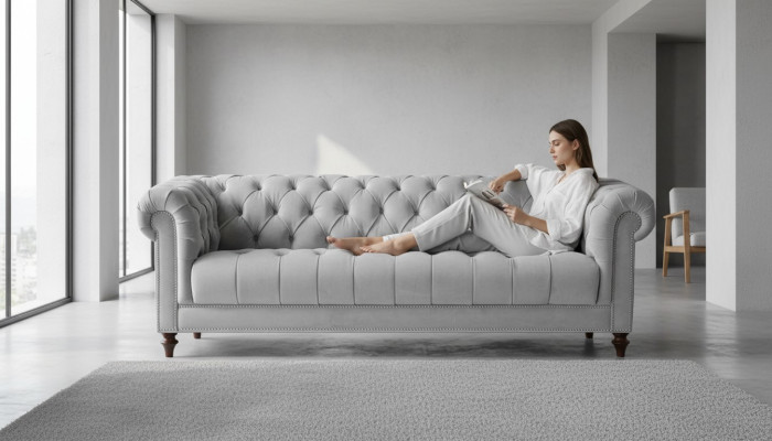 Lichtgrijs driezits Chesterfield Nieuwe stoffen bankstellen Woonkamerbank Gestoffeerde bankstellen