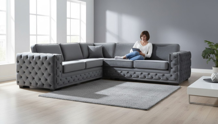 Hoekbank Grijs Hoeken Fluweel Meubeldesign Woonlandschap Bankstel Hoekcombinatie Bekleding