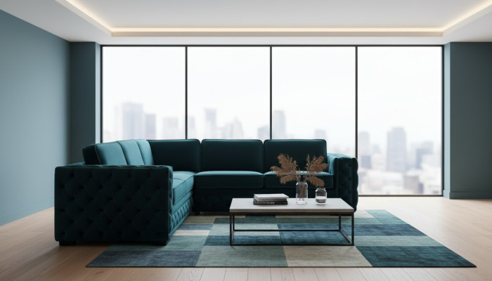 Groene hoekbank woonlandschap bank hoekbank gestoffeerd meubeldesign Chesterfield.