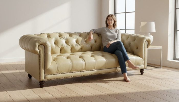 Beige driezits leren Chesterfield woonkamer modern design bank nieuw.