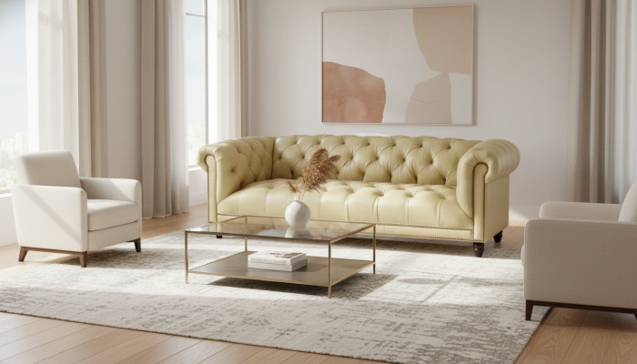 Beige driezits leren Chesterfield woonkamer modern design bank nieuw.