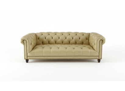Beige driezits leren Chesterfield woonkamer modern design bank nieuw.