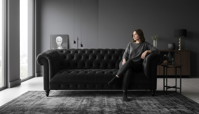 Zwarte fluwelen bank Luxe gestoffeerde Chesterfield meubelbank met knopen voor drie personen