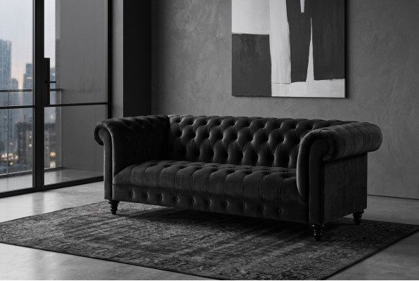 Zwarte fluwelen bank Luxe gestoffeerde Chesterfield meubelbank met knopen voor drie personen