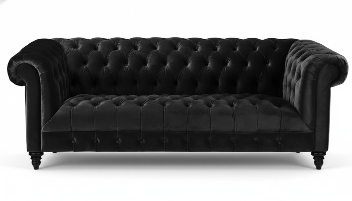 Zwarte fluwelen bank Luxe gestoffeerde Chesterfield meubelbank met knopen voor drie personen