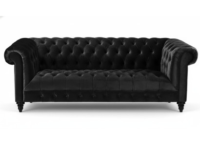 Zwarte fluwelen bank Luxe gestoffeerde Chesterfield meubelbank met knopen voor drie personen