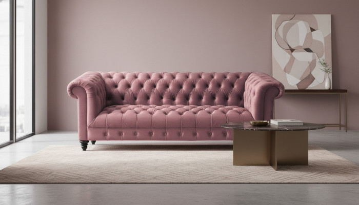 Fuchsia fluwelen bank Luxe Chesterfield-meubels Bank met knopen Driezits