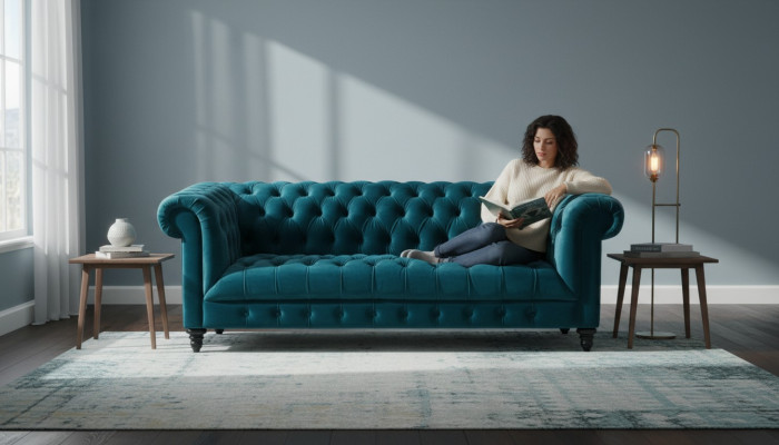 Chesterfield Turquoise Velvet Bank Luxe Upholstered Furniture Bank with Buttons Three-seater