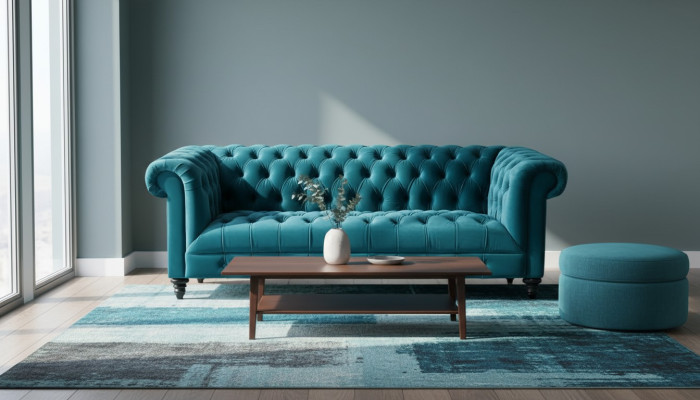 Chesterfield Turquoise Velvet Bank Luxe Upholstered Furniture Bank with Buttons Three-seater