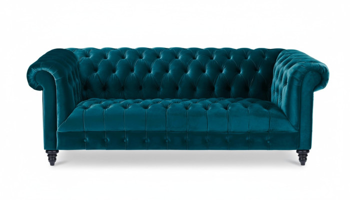 Chesterfield Turquoise Velvet Bank Luxe Upholstered Furniture Bank with Buttons Three-seater