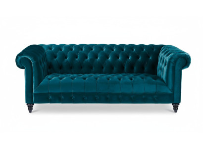 Chesterfield Turquoise Velvet Bank Luxe Upholstered Furniture Bank with Buttons Three-seater