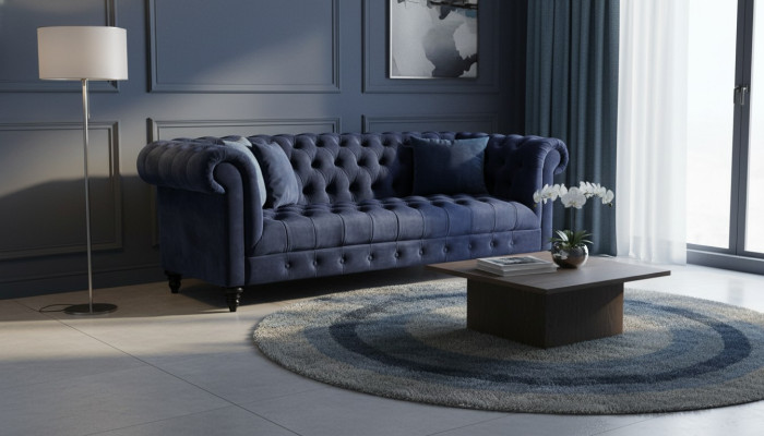 Navy Blue Driepersoons stoffen Chesterfield design bankstel 220cm nieuw