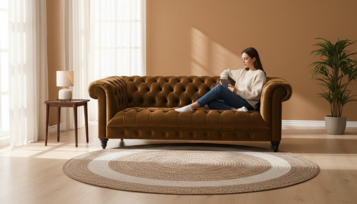Driepersoons Chesterfield Bruin Stoffen Bank Nieuw Origineel Design Bankstellen Bekleding