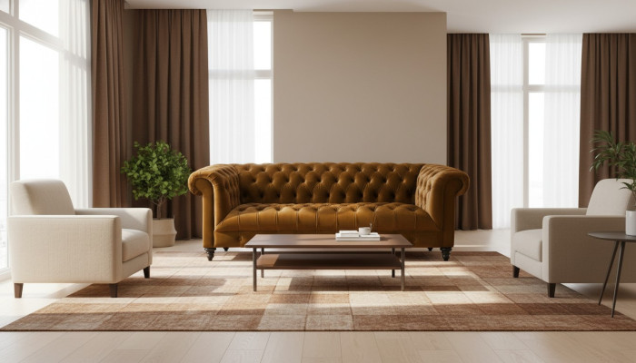 Driepersoons Chesterfield Bruin Stoffen Bank Nieuw Origineel Design Bankstellen Bekleding