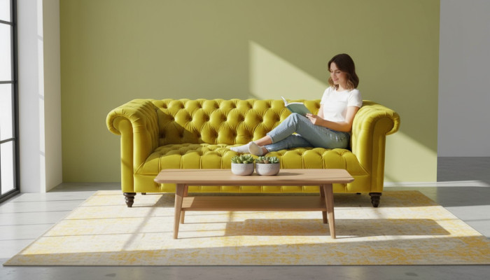 Gele driepersoons Chesterfield bankstel in modern design stofbank nieuw Originele meubels.