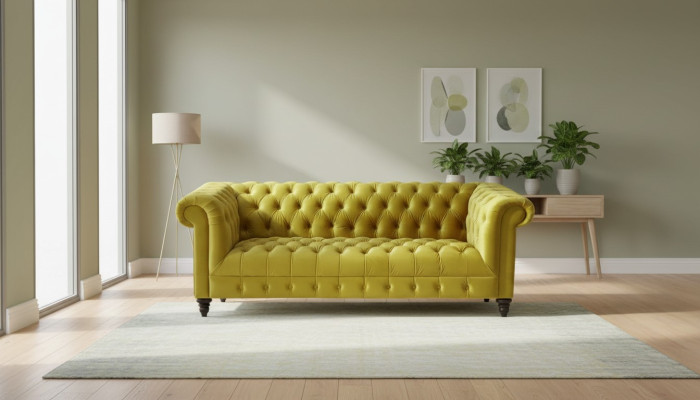 Gele driepersoons Chesterfield bankstel in modern design stofbank nieuw Originele meubels.