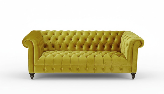 Gele driepersoons Chesterfield bankstel in modern design stofbank nieuw Originele meubels.