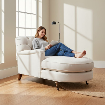 Beige Chaiselongue Chesterfield meubilair ligstoel woonkamer modern