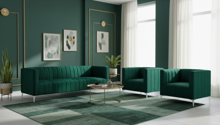Bankstel driezits stof woonkamer fluweel design groen bankstel 2 leunstoelen groep