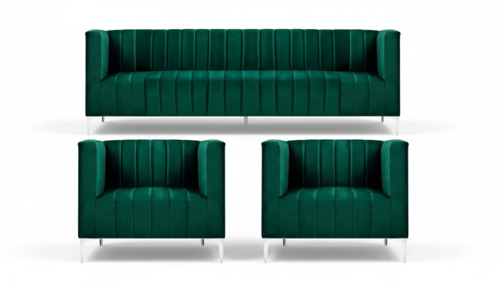Bankstel driezits stof woonkamer fluweel design groen bankstel 2 leunstoelen groep