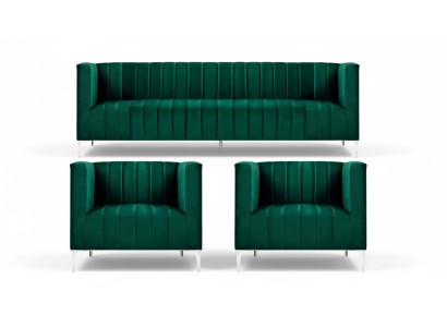 Bankstel driezits stof woonkamer fluweel design groen bankstel 2 leunstoelen groep