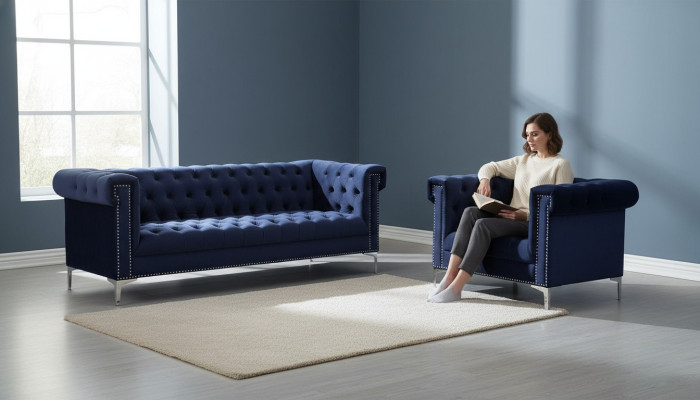 Blauwe chesterfield bankstel bank koninklijk blauw bankstellen bankstel set meubels nieuw