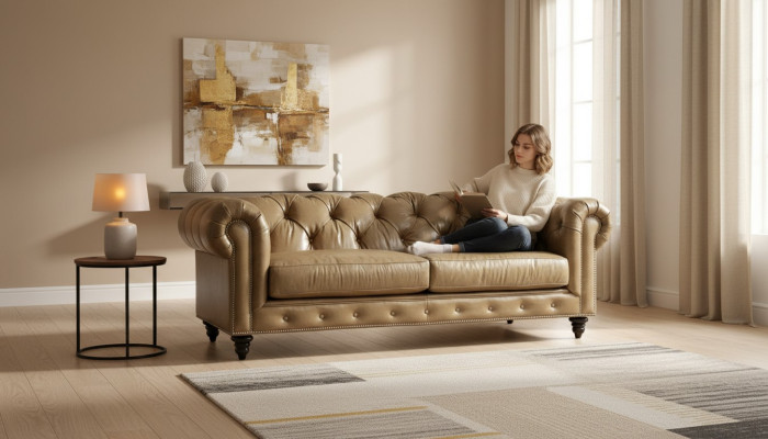 Lichtbruine driezits leren Chesterfield woonkamer design bank Chesterfield nieuw