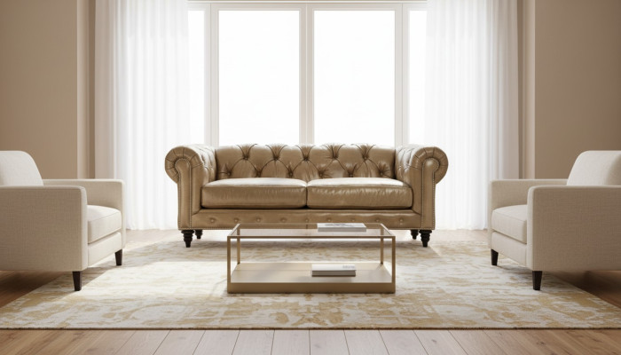 Lichtbruine driezits leren Chesterfield woonkamer design bank Chesterfield nieuw