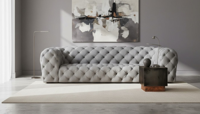 Grijze Chesterfield woonkamer modern design banken sofa meubilair stof groot XXL nieuw