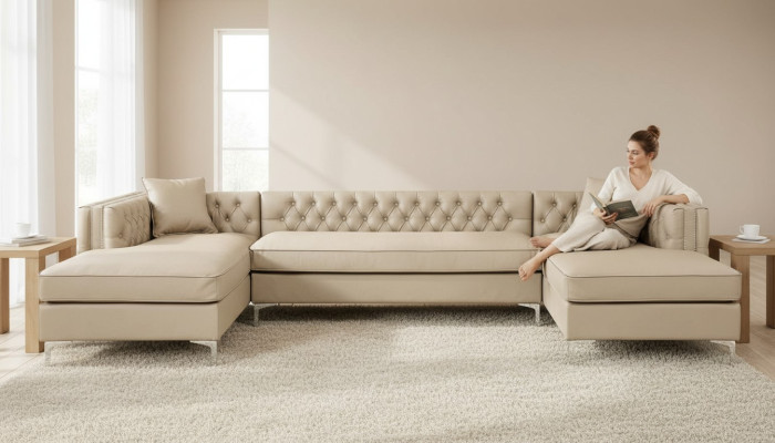 Hoekbank Beige Woonlandschap Bankstel Hoekgarnituur Bekleding Chesterfield Meubelontwerp