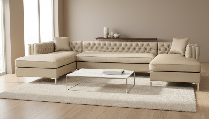 Hoekbank Beige Woonlandschap Bankstel Hoekgarnituur Bekleding Chesterfield Meubelontwerp