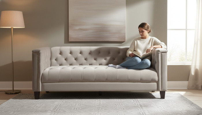 Helder grijs driezits stoffen Chesterfield woonkamer modern design bankstellen sofa. 