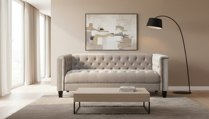 Helder grijs driezits stoffen Chesterfield woonkamer modern design bankstellen sofa. 
