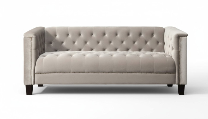Helder grijs driezits stoffen Chesterfield woonkamer modern design bankstellen sofa. 