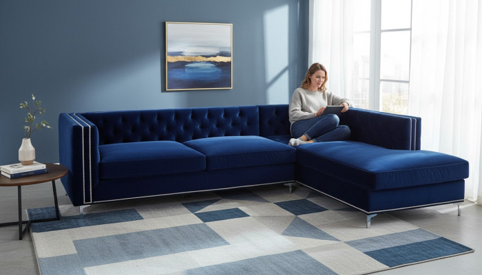 Hoekbank Blauw Woonlandschap XXL Meubelontwerp Bank Hoekopstelling Bekleding Groot Chesterfield.