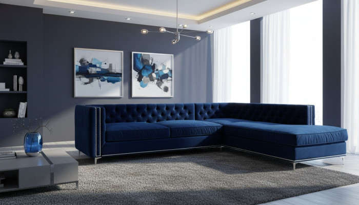 Hoekbank Blauw Woonlandschap XXL Meubelontwerp Bank Hoekopstelling Bekleding Groot Chesterfield.