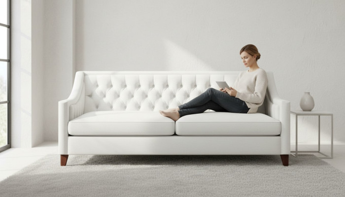 Witte driezits Chesterfield, modern design bankstel van textiel, nieuw origineel meubel.