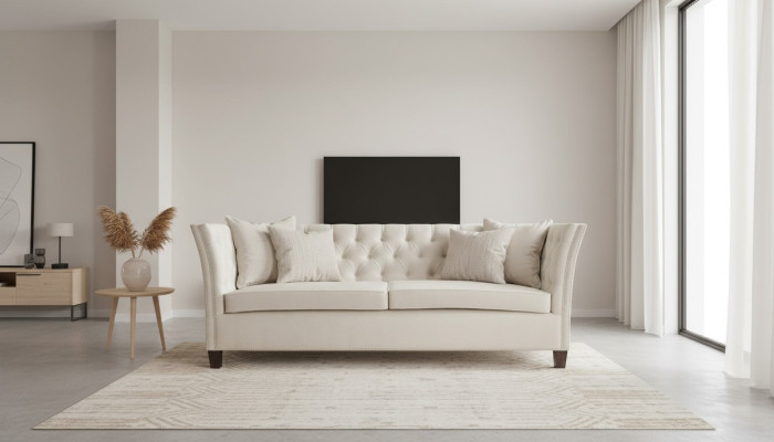 Chesterfield tweezits lichtgrijze stoffen woonkamer designbank creatief.