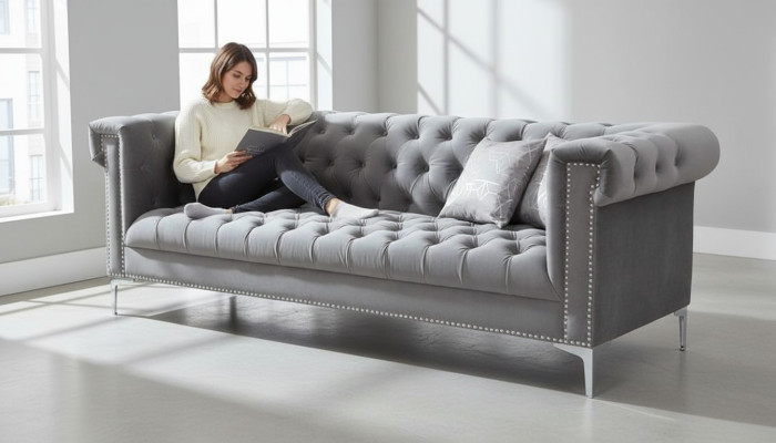 Grijze Chesterfield driezits stoffen woonkamer design bankstellen gestoffeerde banken Nieuw
