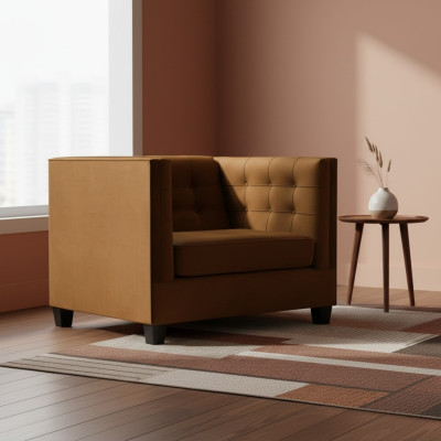 Moderne fauteuil Chesterfield van textiel stof in het bruin. Creatieve meubels voor de woonkamer.